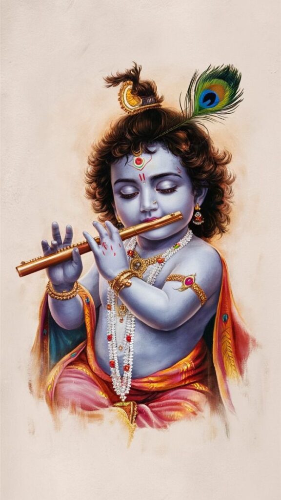 Divine depiction of Lord Krishna playing the flute during Krishna Janmashtami celebration.