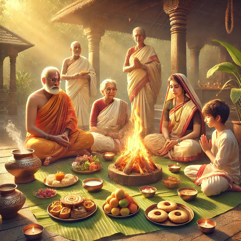 A family gathered around a sacred fire, performing Shradh 2024 rituals during Pitru Paksha, with offerings of food and prayers, symbolizing the significance of ancestral reverence and spiritual harmony.