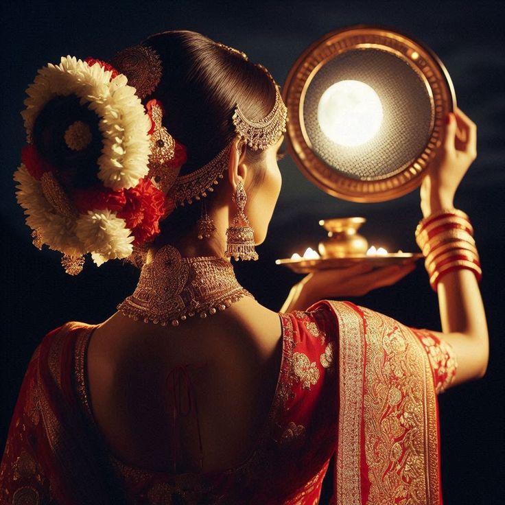 Karwa Chauth 2024 celebrations with fasting women, rituals, and moon sighting.