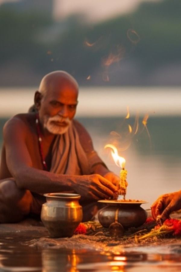 An elder performing Shradh rituals during Pitru Paksha 2024 by a riverside, offering fire and prayers in reverence to ancestors, symbolizing the spiritual significance of honoring forebears.