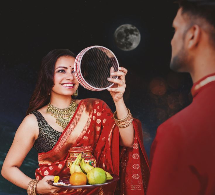 Karwa Chauth 2024 celebrations with fasting women, rituals, and moon sighting.