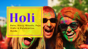 A joyful group of people celebrating Holi 2025 with vibrant colors, laughter, and festive spirit under a bright blue sky.