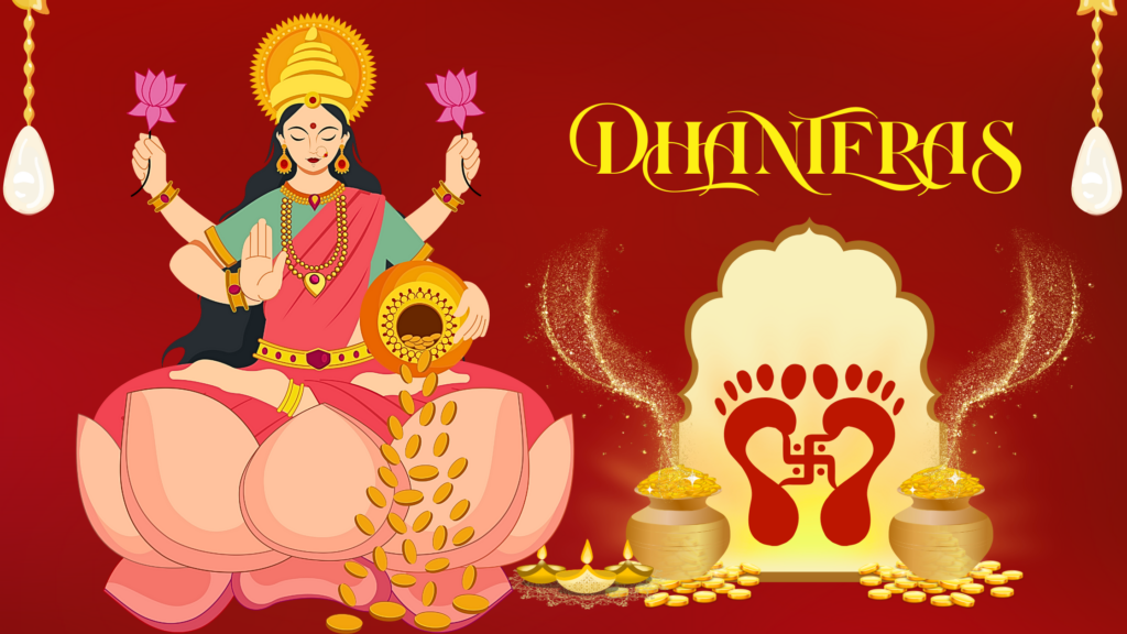 An illustration of Goddess Lakshmi seated on a lotus, showering gold coins, symbolizing prosperity. On the right, there is a decorated golden arch with red footprints and pots filled with gold coins, representing Dhanteras. The background is deep red, adorned with oil lamps and pearls hanging on either side. The word "Dhanteras" is written in golden decorative font.