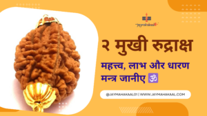 Two Mukhi Rudraksha with golden cap, representing its spiritual significance, importance, benefits, and wearing mantra in Hindi.