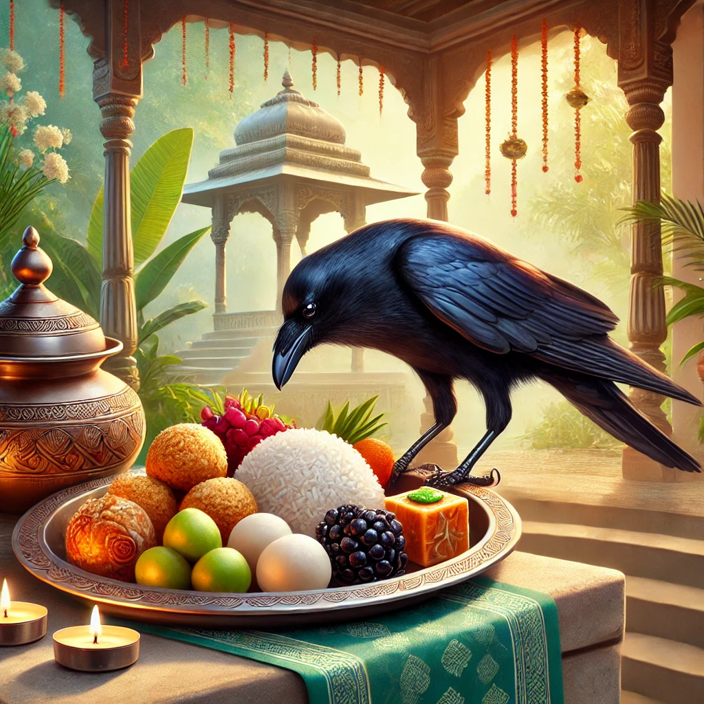 A crow delicately pecking at food offerings, including rice balls, fruits, and sweets, placed outside a traditional Indian temple during Pitru Paksha 2024, symbolizing the acceptance of Shradh rituals by ancestors. The background showcases a peaceful, spiritual setting with greenery.