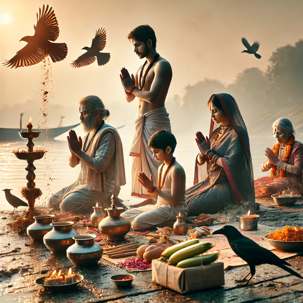 A family performing Shradh rituals by the banks of the Ganges during Pitru Paksha 2024. They are seated in prayer with food offerings on the ground, while crows fly and perch nearby, symbolizing the spiritual connection between the living and their ancestors. The scene is serene, with a peaceful, devotional atmosphere.