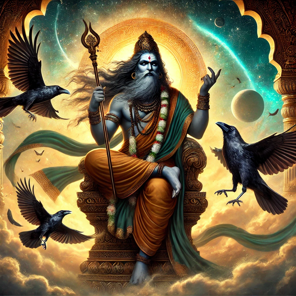 An artistic representation of Yama, the Hindu god of death, seated on his throne with a crow flying beside him. Yama holds a staff, symbolizing his role in controlling life and death, while the crow signifies the connection between the afterlife and ancestors during Pitru Paksha 2024. The background showcases a mystical, divine setting, emphasizing the spiritual link between Yama, crows, and ancestor worship in Hinduism.