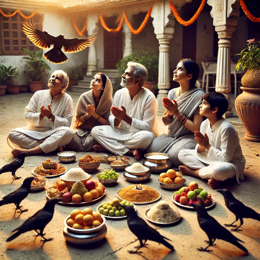 A family gathered in a traditional Indian courtyard, placing food offerings like rice balls, fruits, and sweets on the ground during the Shradh ceremony in Pitru Paksha 2024. They sit in anticipation, looking up for crows to arrive, symbolizing the spiritual connection and acceptance of offerings by ancestors. The scene reflects a peaceful and reverent atmosphere.