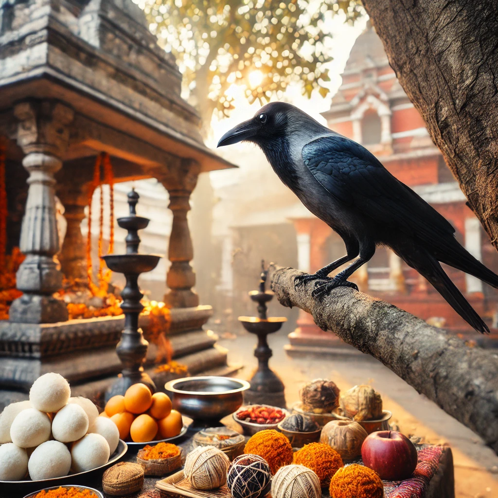 A close-up of a crow perched on a tree branch near a temple during Pitru Paksha 2024. In the background, Shradh-related offerings like rice balls and fruits are visible, symbolizing the crow's role as a spiritual messenger between the living and ancestors. The serene setting emphasizes the sacred connection between the crow and the rituals.