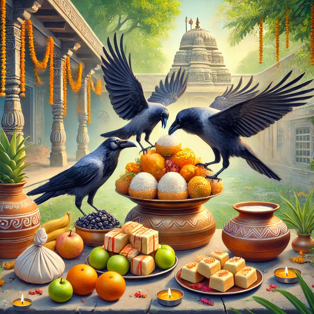 Three crows pecking at food offerings such as rice balls, fruits, and sweets placed outside a traditional Indian home during Pitru Paksha 2024. The scene emphasizes the spiritual belief that crows deliver these offerings to ancestors during Shradh rituals, with a peaceful and sacred background of greenery and traditional architecture.