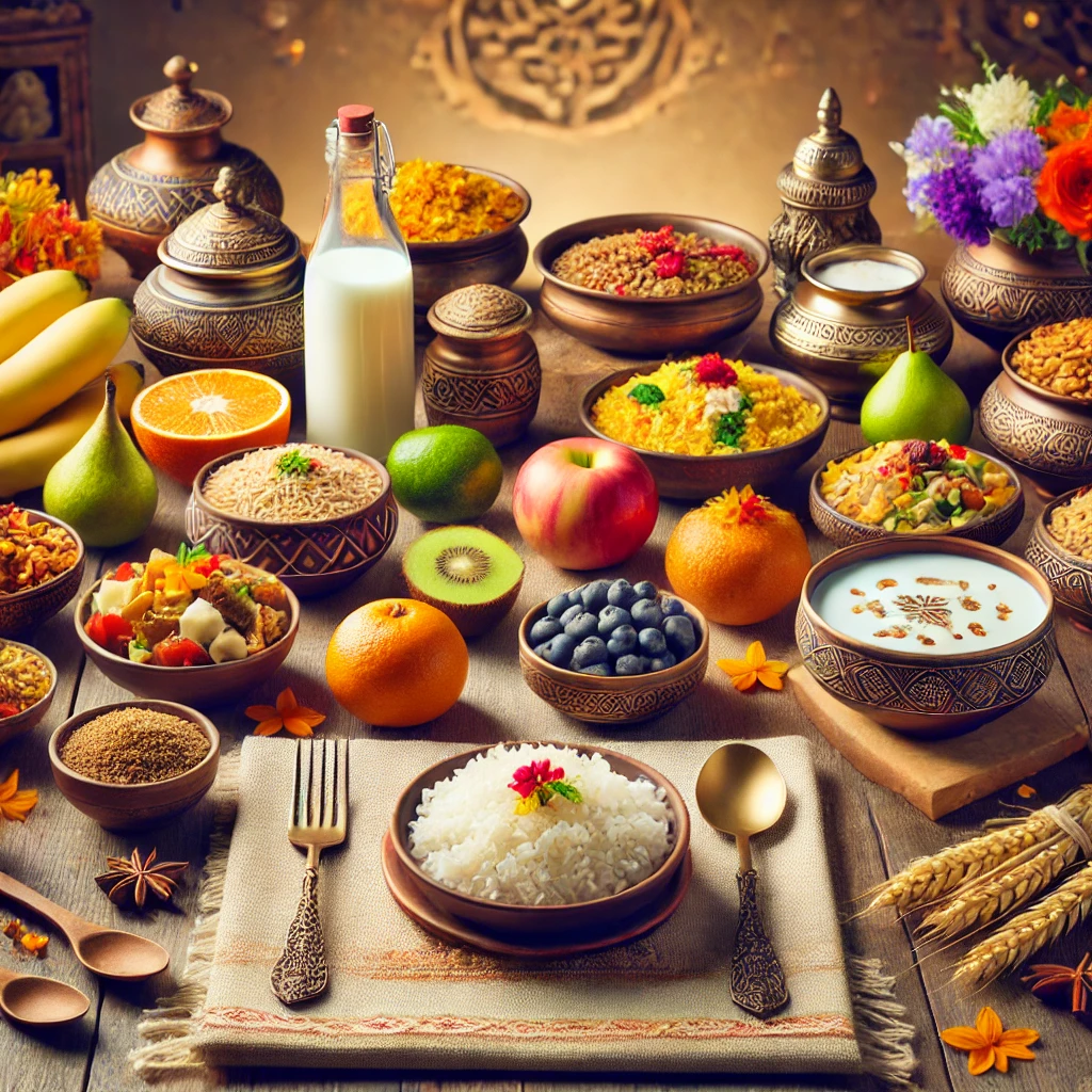 A table set with traditional Indian sattvic foods, including rice, lentils, fresh fruits, vegetables, and milk, arranged neatly for Shradh rituals during Pitru Paksha 2024. The serene setting reflects spiritual purity and devotion.