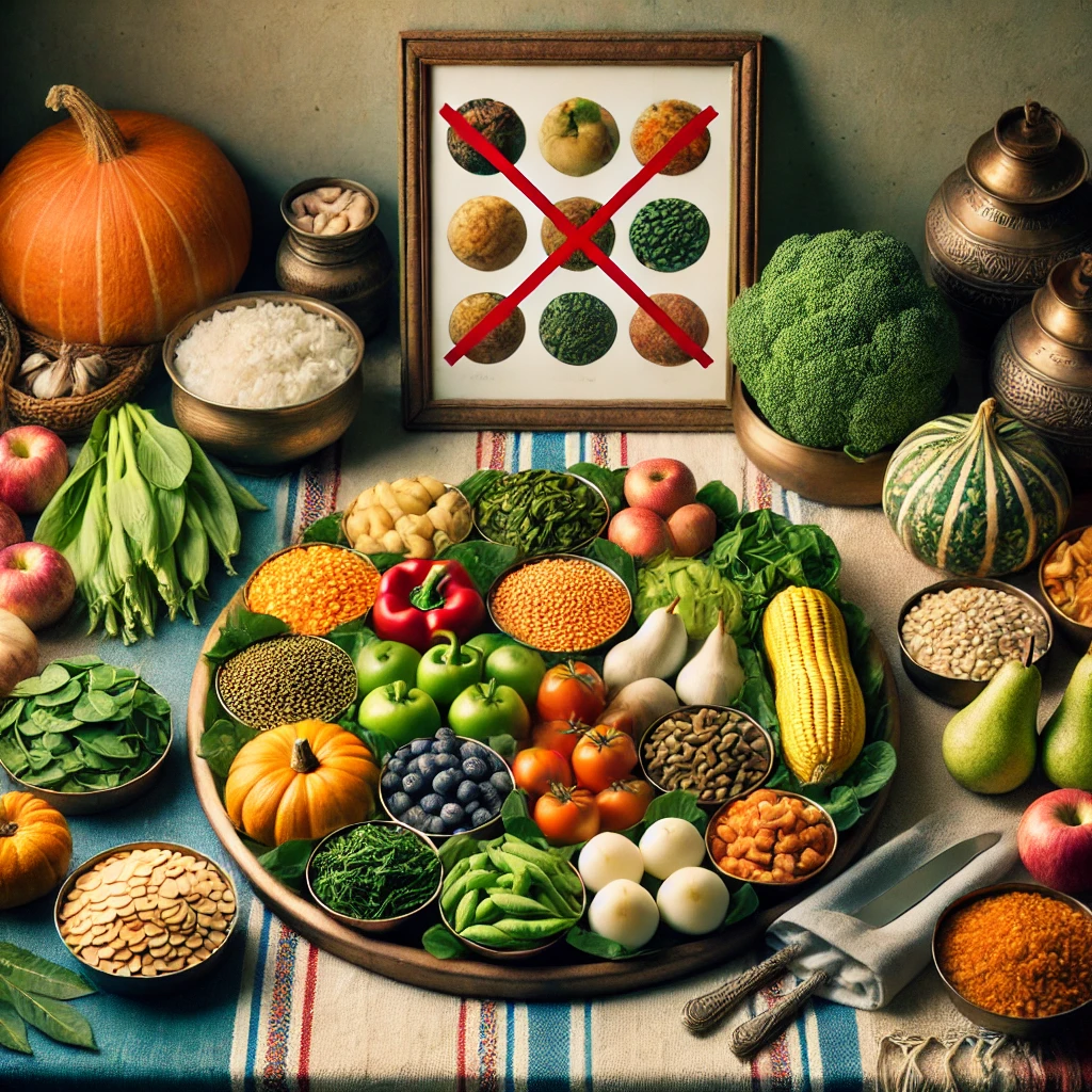 A serene scene of vegetarian offerings being prepared in a traditional Indian kitchen for Pitru Paksha 2024. The table showcases fruits, lentils, and vegetables like pumpkin and spinach, with restricted foods such as meat, garlic, and onions placed separately in a column marked with a red cross, highlighting foods to avoid during Shradh rituals. The atmosphere reflects calmness and spirituality.