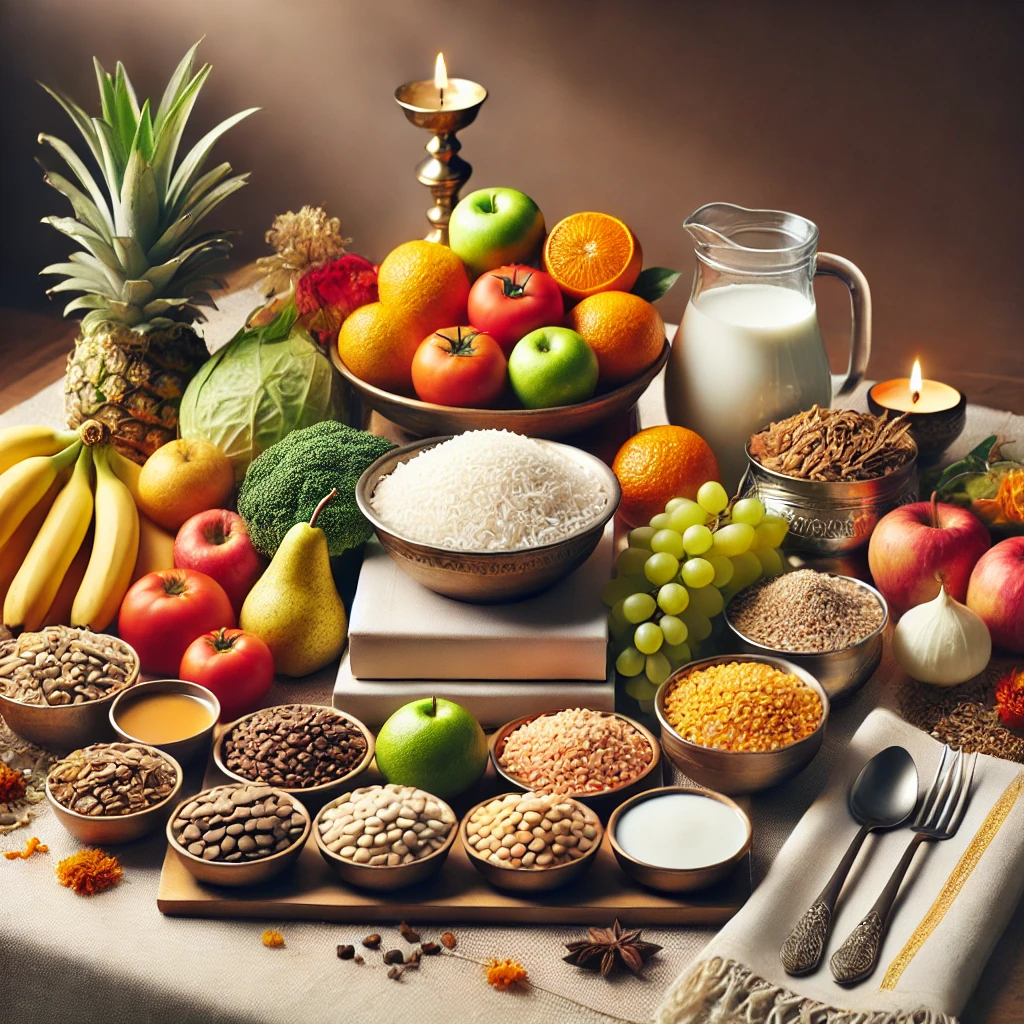 A neatly arranged assortment of sattvic foods including rice, lentils, fresh fruits, vegetables, and milk, presented in a clean, simple setting. Complemented with a diya (oil lamp) and incense, symbolizing the spiritual purity and devotion required for Shradh rituals during Pitru Paksha 2024. The atmosphere reflects peace and reverence.