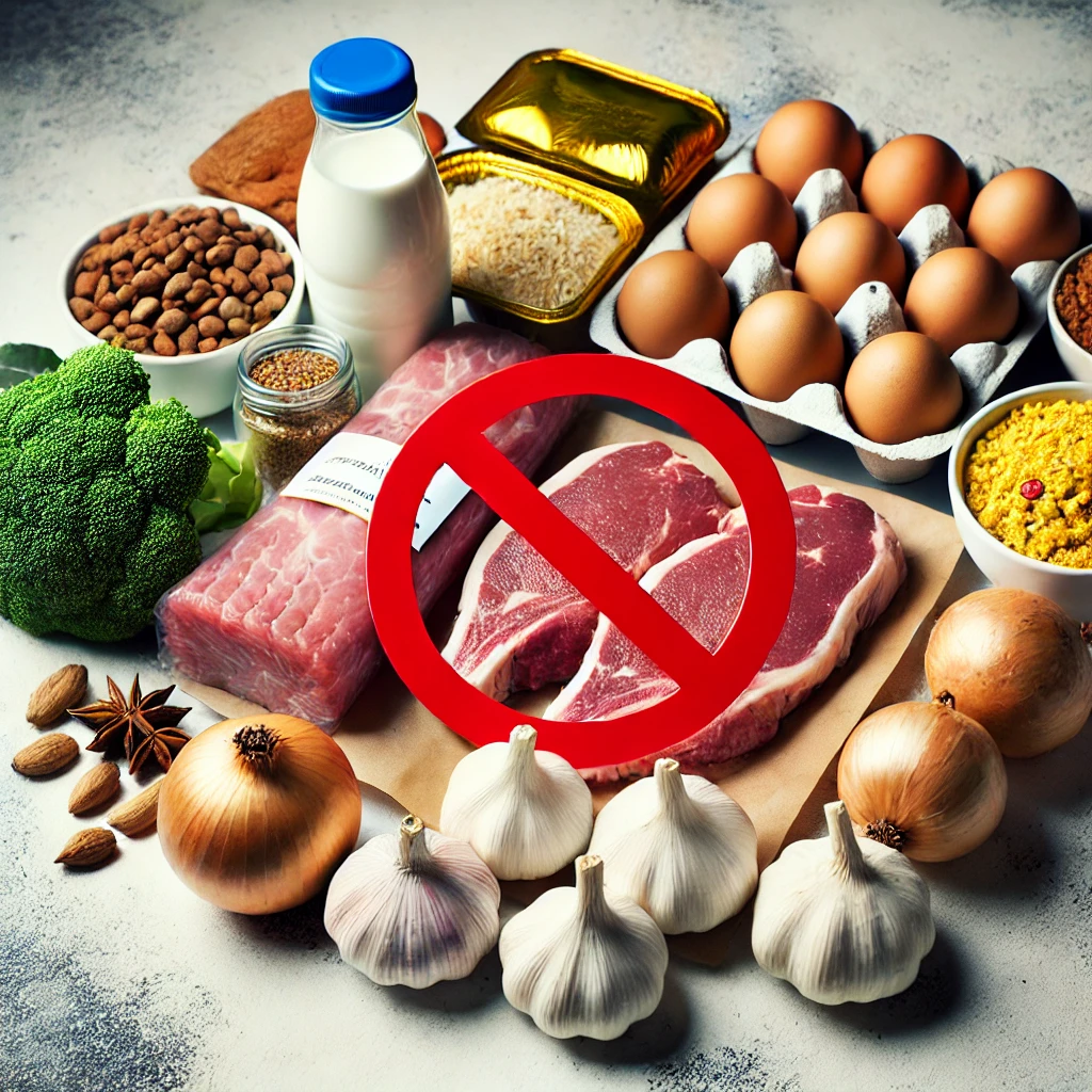 A close-up of prohibited food items such as meat, eggs, packaged foods, garlic, and onion placed in a corner, each marked with a red symbol of restriction. The image highlights the importance of avoiding these foods during Shradh rituals in Pitru Paksha 2024 to maintain spiritual purity.