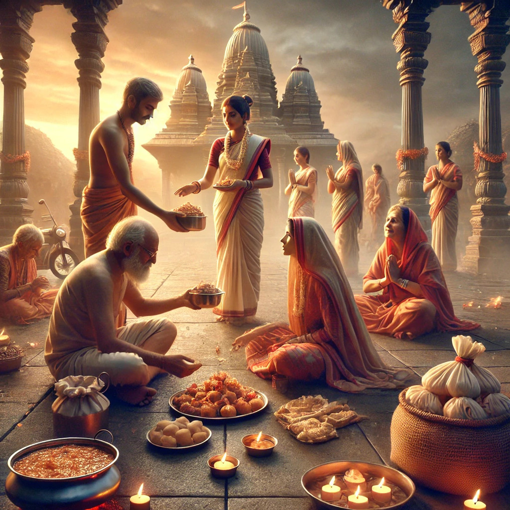 A serene scene of people offering food and clothes to the needy during Pitru Paksha, symbolizing charity and compassion as part of Shradh rituals. The family is shown preparing and distributing food with devotion, honoring ancestors by sharing with the poor in a spiritual and reverent atmosphere.