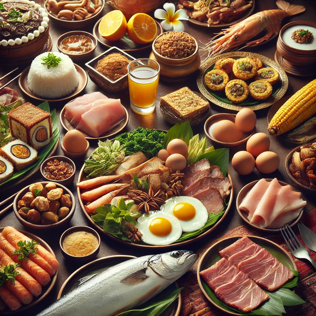 A close-up of non-vegetarian foods including meat, fish, and eggs, presented on a traditional table. These foods are commonly avoided during Pitru Paksha due to spiritual restrictions in Shradh rituals.