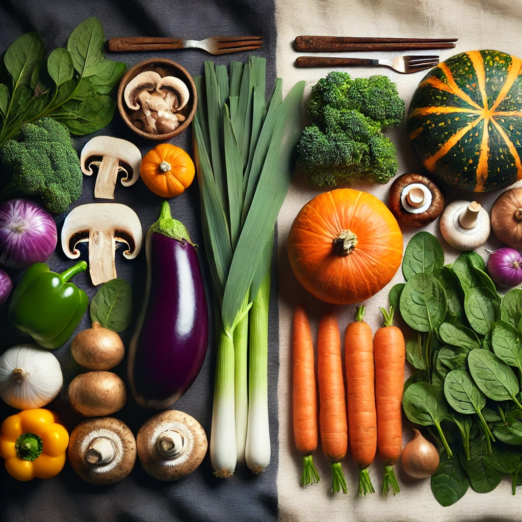 A high-quality image contrasting vegetables avoided during Pitru Paksha, like brinjal (eggplant), mushrooms, and leeks, on one side, with sattvic vegetables such as pumpkin, gourds, spinach, and carrots neatly arranged on the other. The clean and simple setting emphasizes the spiritual purity required during Shradh rituals.