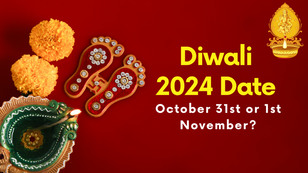 Diwali 2024 Date Confusion: October 31st or November 1st with festive diya, marigold flowers, and decorative Lakshmi footprints