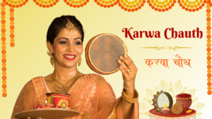 A woman celebrating Karwa Chauth, dressed in traditional attire, holding a sieve and a decorated plate with festive items, symbolizing the ritual of moon-sighting.