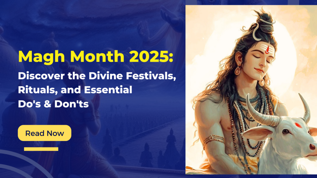 Illustration of Lord Shiva with Nandi (the sacred bull) in a serene setting, promoting the article 'Magh Month 2025: Discover the Divine Festivals, Rituals, and Essential Do's & Don'ts.