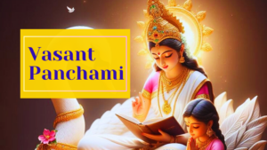 A digital illustration of Goddess Saraswati with a golden aura, dressed in a white and gold saree, reading a book with a young devotee sitting beside her. A swan is also visible. The text "Vasant Panchami" is displayed in a yellow box.