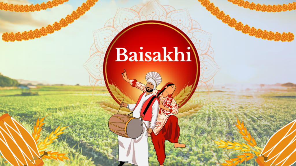 Traditional Punjabi Couple Celebrating Baisakhi 2025 with Dhol and Dance in a Harvest Field