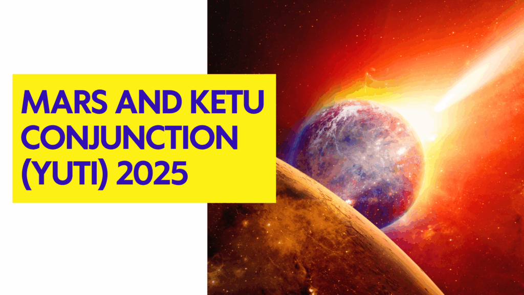 Fiery cosmic illustration of Mars and Ketu conjunction in 2025 with intense planetary alignment and comet trail.