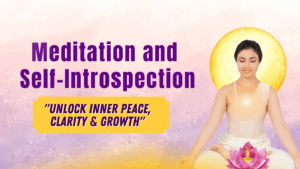 A serene woman meditating in lotus position with a glowing aura, symbolizing meditation and self-introspection for inner peace and personal growth