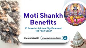 Image showcasing the spiritual benefits of Moti Shankh (Pearl Conch) with Lord Vishnu and actual conch shells in the background.