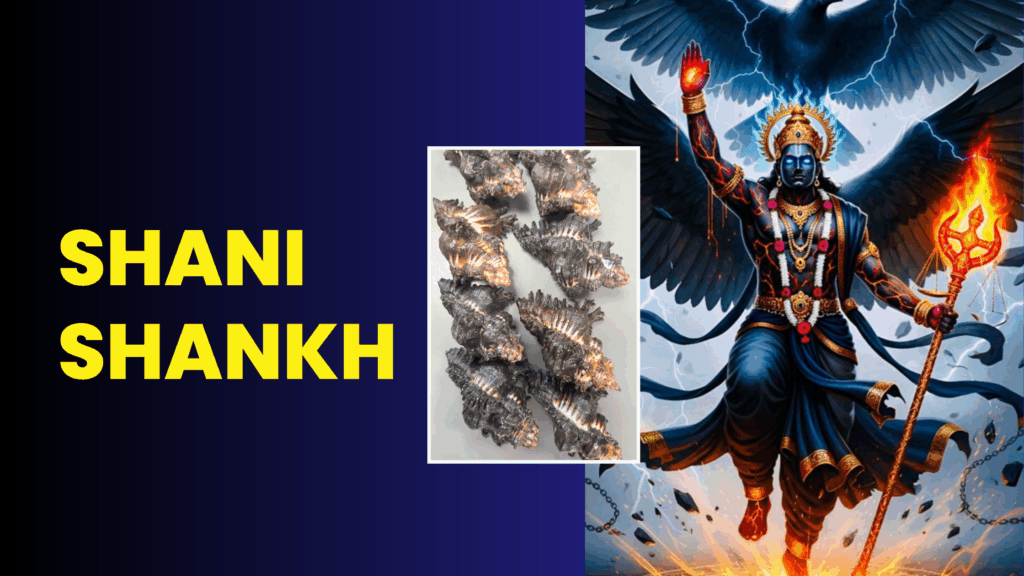 Shani Shankh conch shells and Lord Shani Dev depicted in powerful cosmic form with fire and crow symbolism