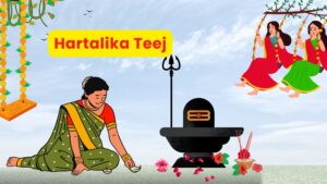Illustration of Hartalika Teej celebration with women swinging on decorated swings, a woman offering prayers to a Shivling, and festive elements like flowers and lamps.