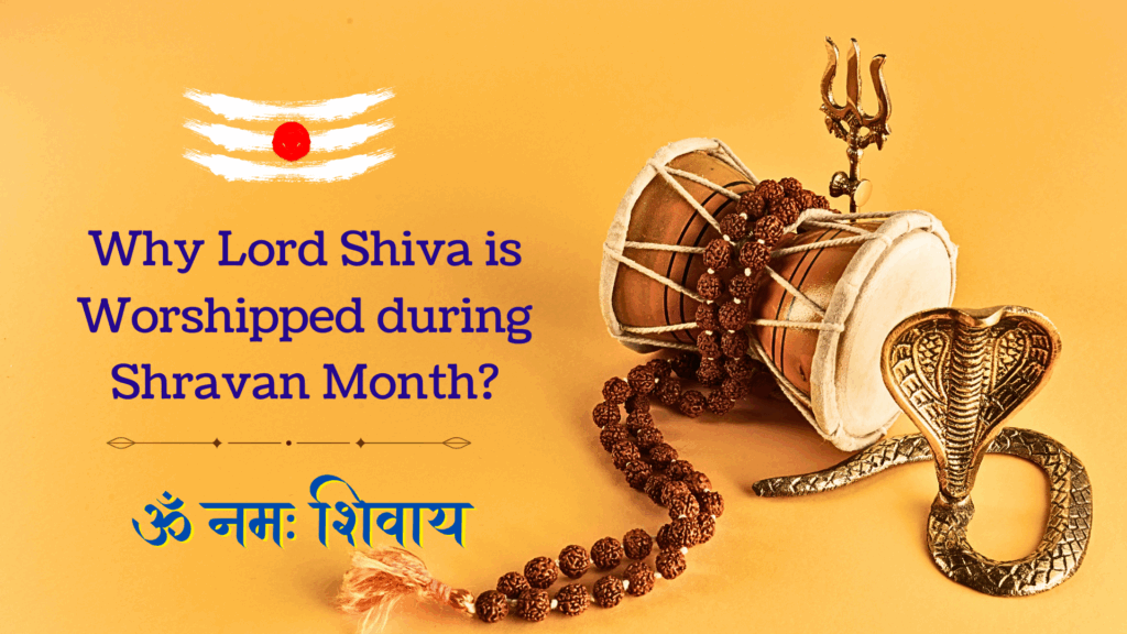 Lord Shiva worship during Shravan month with rudraksha mala, damru, trishul, and golden cobra on saffron background