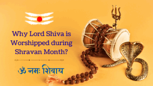 Lord Shiva worship during Shravan month with rudraksha mala, damru, trishul, and golden cobra on saffron background