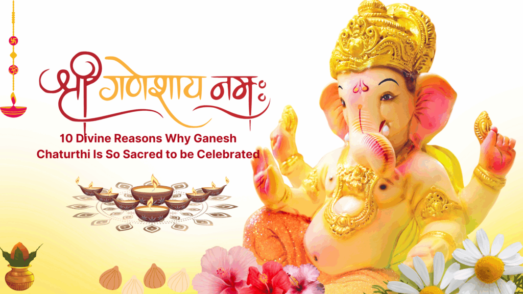 Ganesh Chaturthi celebration with Lord Ganesha idol, diya lamps, flowers, and sacred Hindu symbols