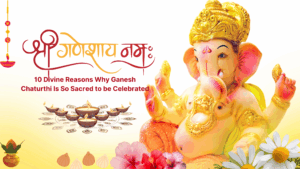 Ganesh Chaturthi celebration with Lord Ganesha idol, diya lamps, flowers, and sacred Hindu symbols