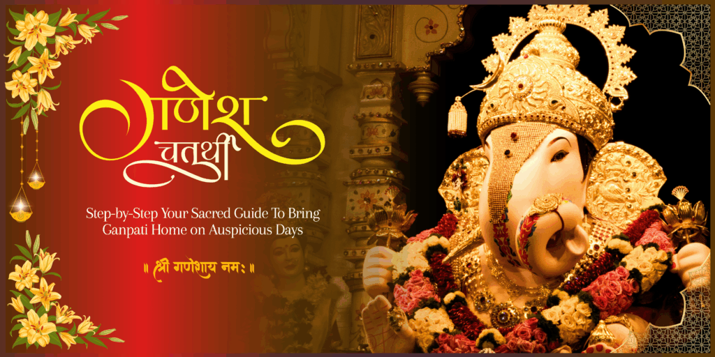 Ganpati idol decorated with golden crown and floral garland for Ganesh Chaturthi with sacred guide text.