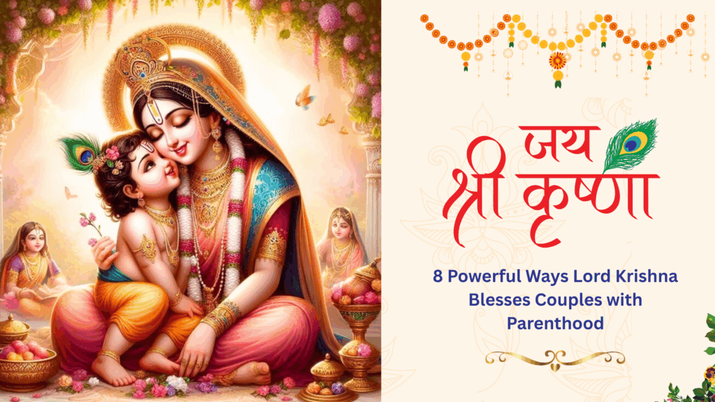 Divine illustration of Yashoda lovingly holding child Krishna, with peacock feather, floral decorations, and Hindi text 'जय श्री कृष्णा', symbolizing blessings for couples seeking parenthood.
