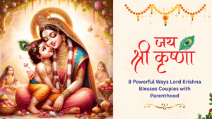 Divine illustration of Yashoda lovingly holding child Krishna, with peacock feather, floral decorations, and Hindi text 'जय श्री कृष्णा', symbolizing blessings for couples seeking parenthood.