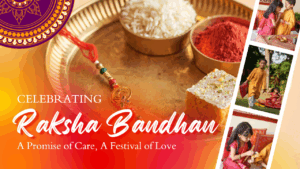 Decorative Rakhi thali with sweets, kumkum, rice, and children celebrating Raksha Bandhan 2025 with joy and tradition.