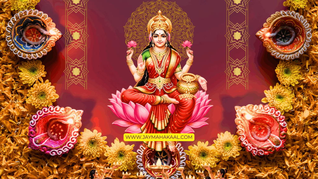 Illustration of Goddess Lakshmi seated on a lotus surrounded by glowing diyas, marigold flowers, and festive decorations, symbolizing positivity, wealth, and prosperity for Diwali 2025 celebrations.