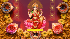 Illustration of Goddess Lakshmi seated on a lotus surrounded by glowing diyas, marigold flowers, and festive decorations, symbolizing positivity, wealth, and prosperity for Diwali 2025 celebrations.